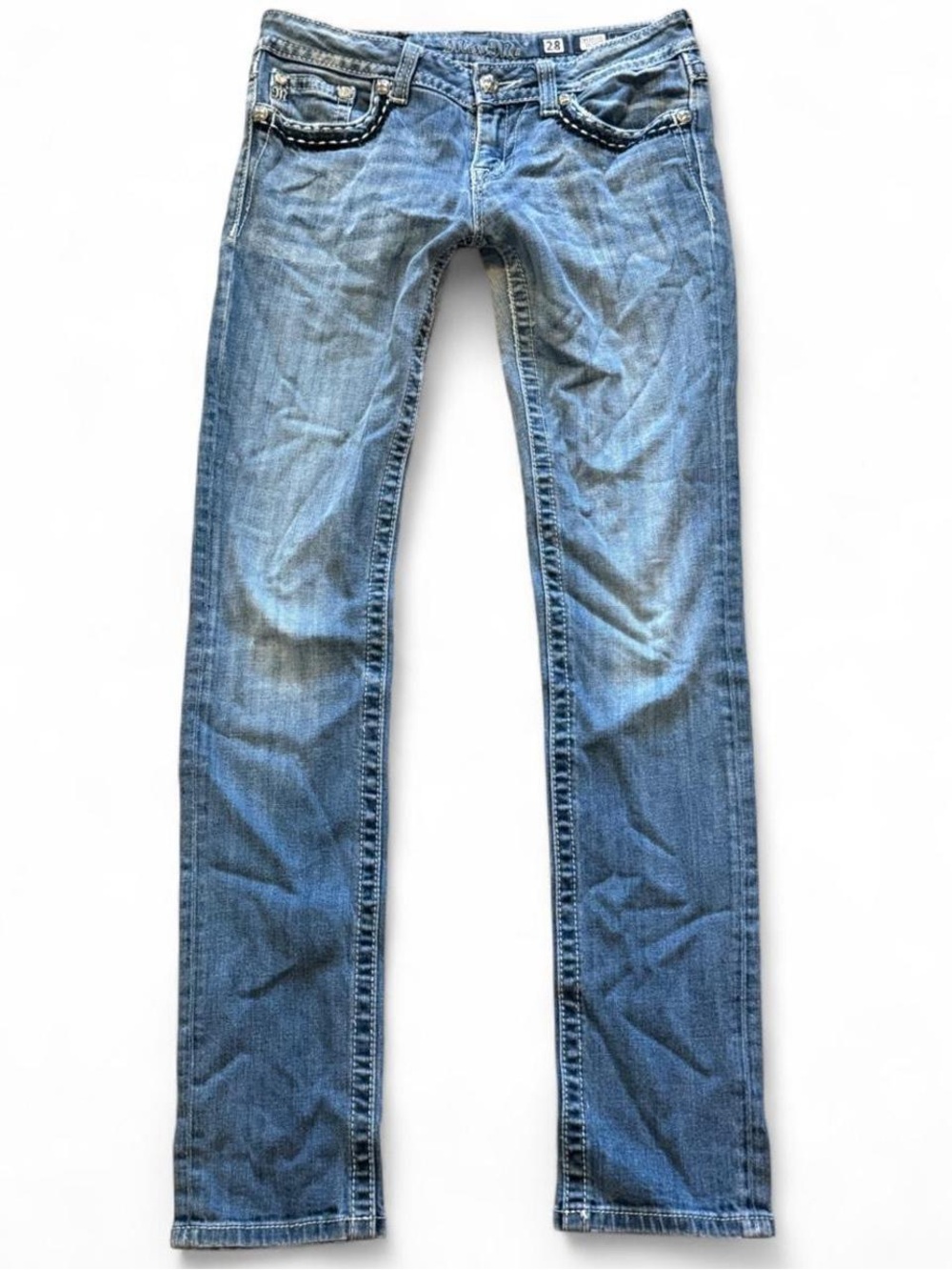 Miss Me Low Rise Y2K McBling Embellished Skinny Jeans Size 28x33 Rhinestone Flap